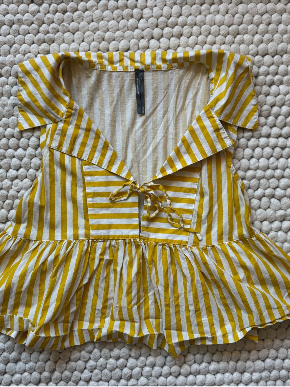 Anthropologie Striped Yellow & White Tie-Front Peplum Top